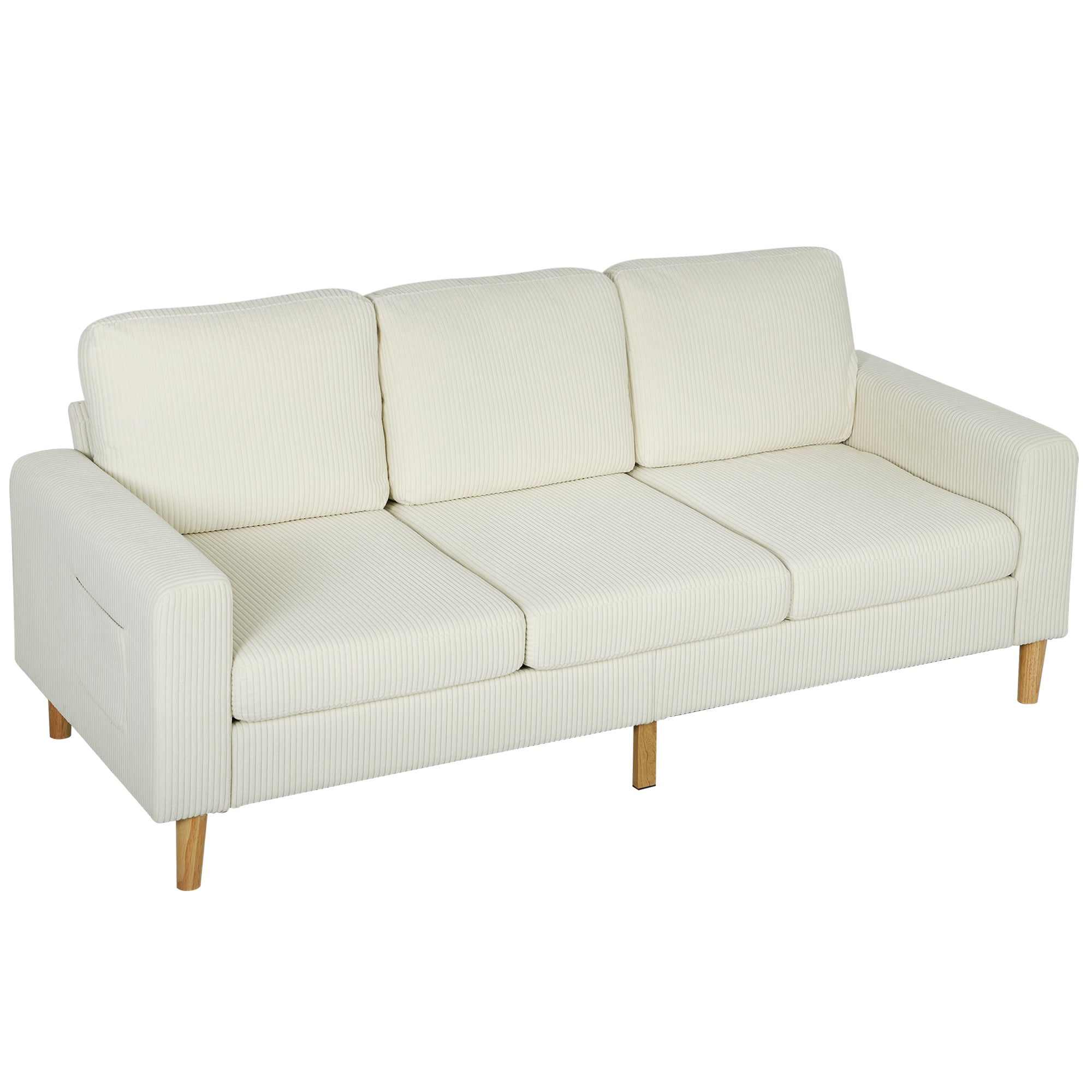 Trzyosobowa sofa z kordu, z poduszkami sprężynowymi i pikowanym siedziskiem, 192x80x84,5 cm, beżowa
