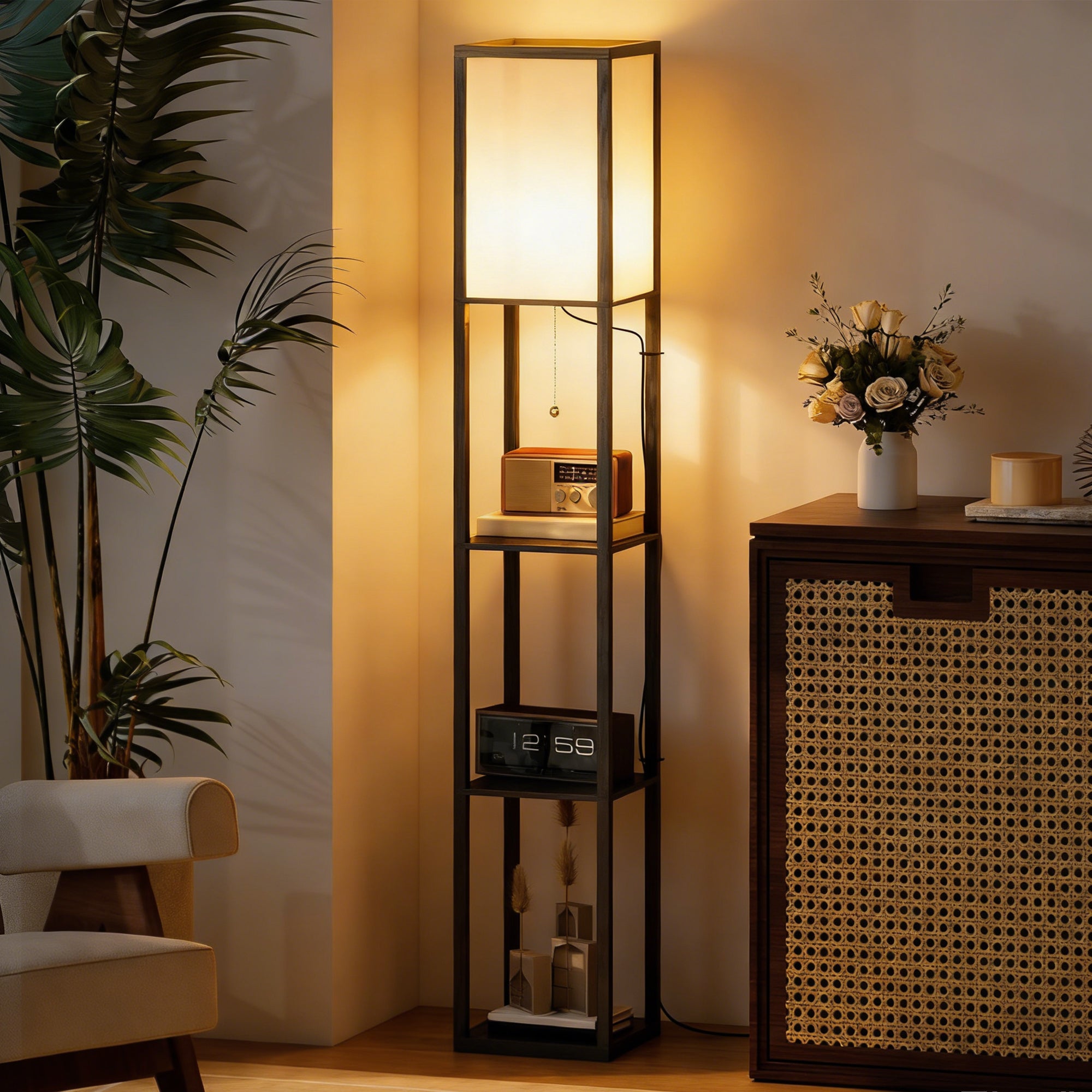 Lampa podłogowa 40 W z 3 wbudowanymi półkami i włącznikiem pociąganym, nowoczesna lampa z płyty MDF i PS, 26 x 26 x 160 cm, czarno-biała