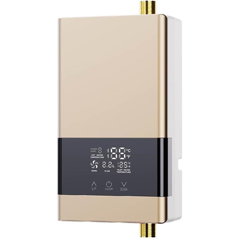 Przepływowy, bez zbiornikowy podgrzewacz wody, 6000 W, 220 V, odpowiedni do pryszniców, zlewów kuchennych, łazienek i kamperów, złoty.