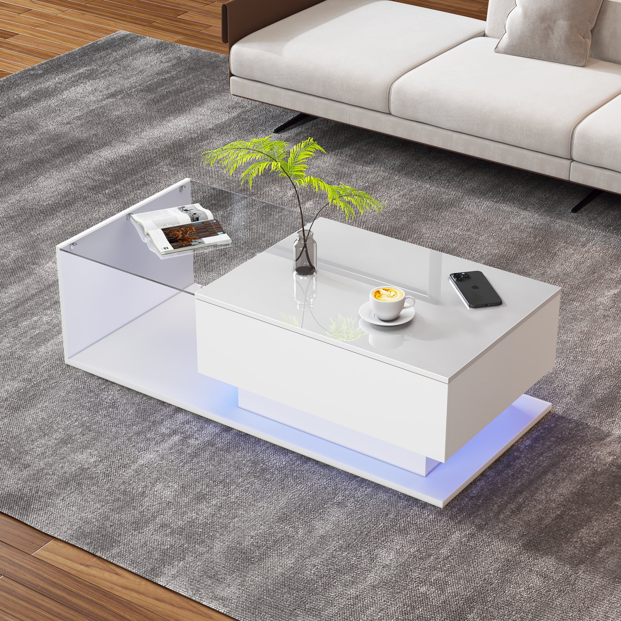 Stolik kawowy biały połysk 100x50x32 cm - ze szklanym blatem i szufladami, odporny na zarysowania, z 1 szufladą, z oświetleniem LED, styl nowoczesny