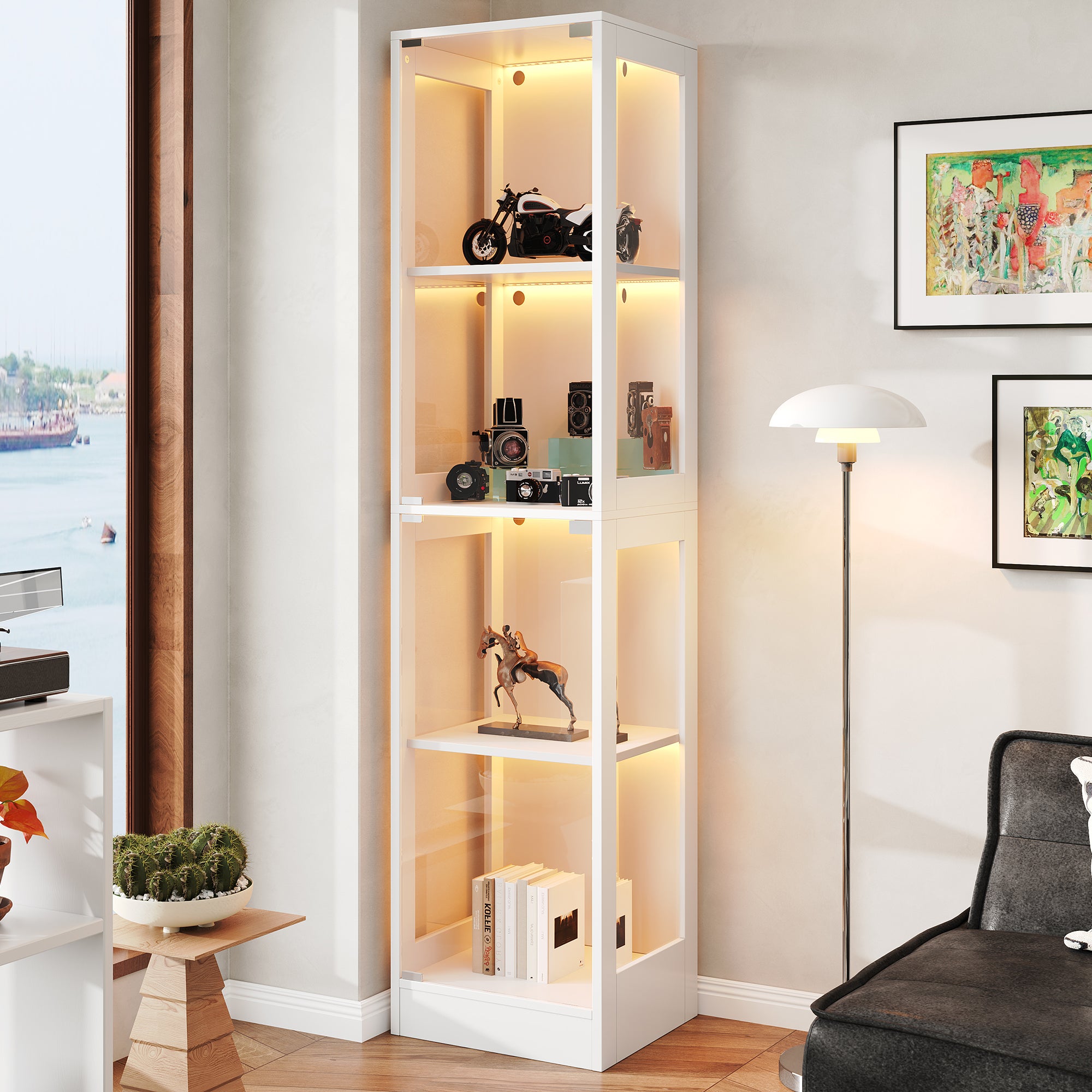 Witryna z 2 drzwiami - 40 x 35 x 170 cm - MDF i szkło - LED sterowane za pomocą aplikacji - Biała