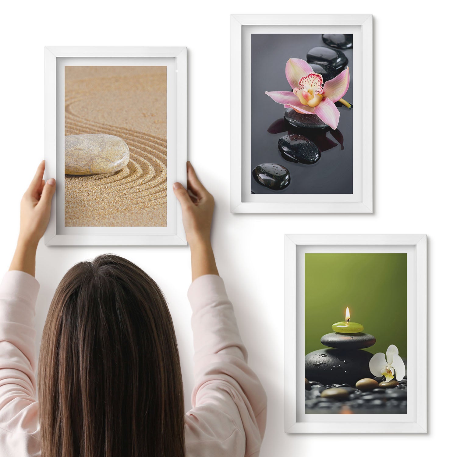 Galeria ścienna 3-częściowy komplet obrazów w białych ramach - Relaksujące motywy kamieni spokój i zen - ArtPrintCave