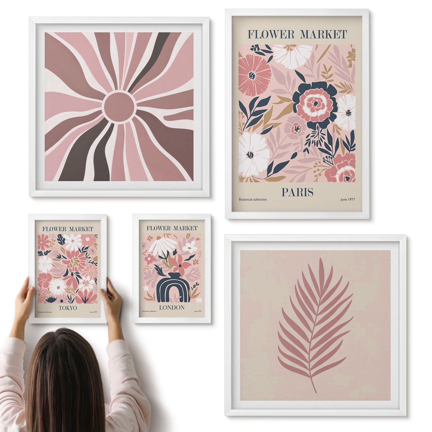 Galeria ścienna 5-częściowy komplet obrazów w białych ramach - Kwiatowe rynki z miast światowych styl boho - ArtPrintCave