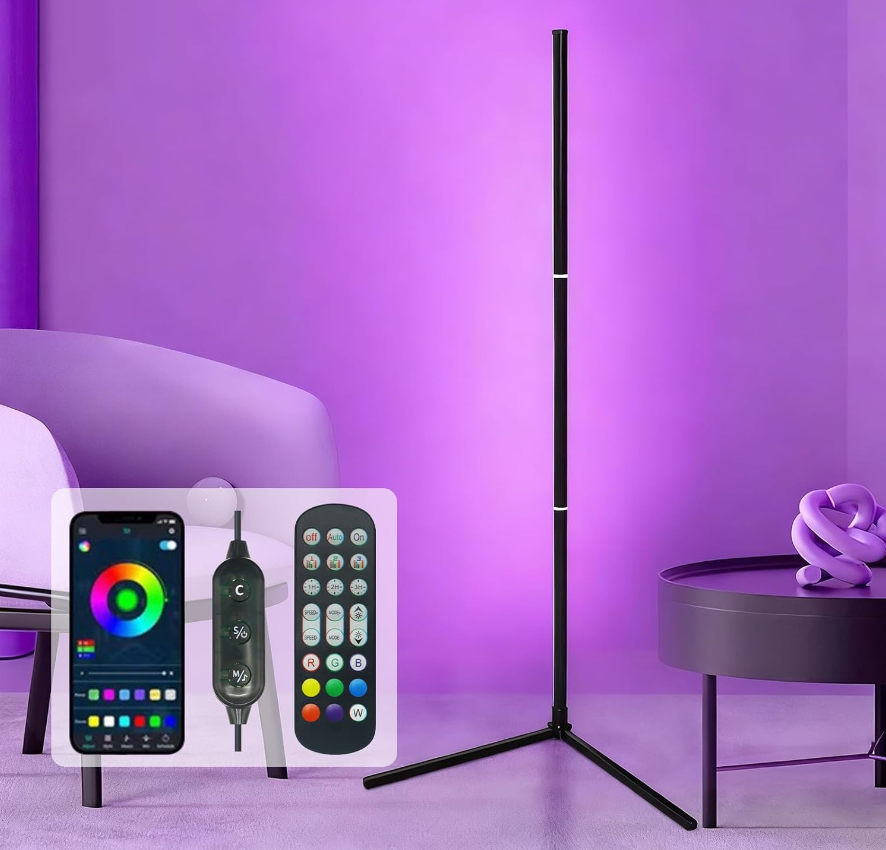Lampa stojąca LED kątowa RGB, lampa 160 cm do salonu z kontrolą przez aplikację i pilotem, lampa Bluetooth do dekoracji imprez