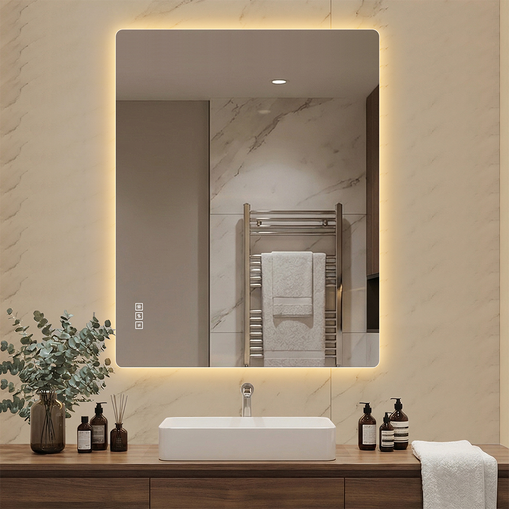 Lustro łazienkowe LED 70×90 cm ścienne bez ramy z oświetleniem, 3 tryby koloru, przeciwmgielne