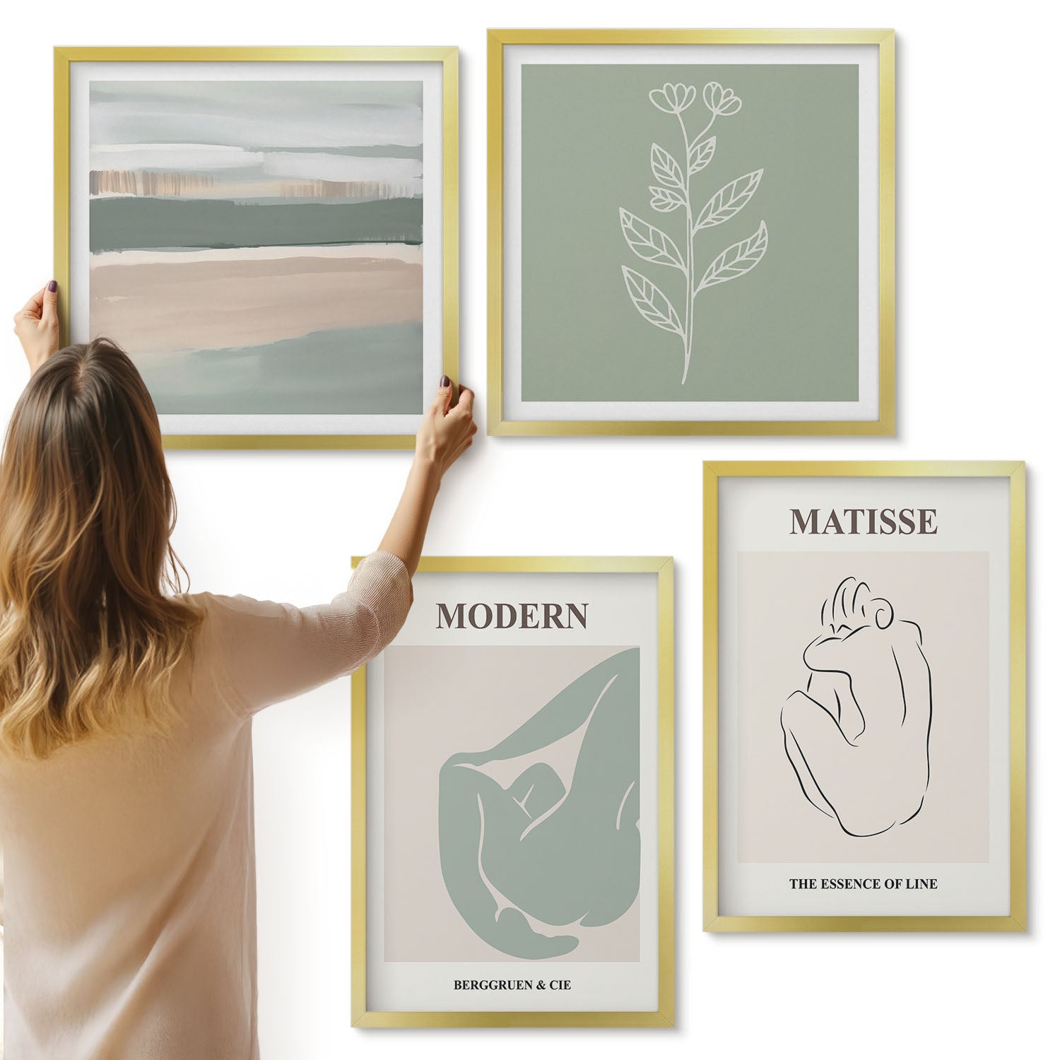 Galeria ścienna 4-częściowy komplet obrazów w złotych ramach - Abstrakcyjne kształty w pastelowych odcieniach z roślinami - ArtPrintCave