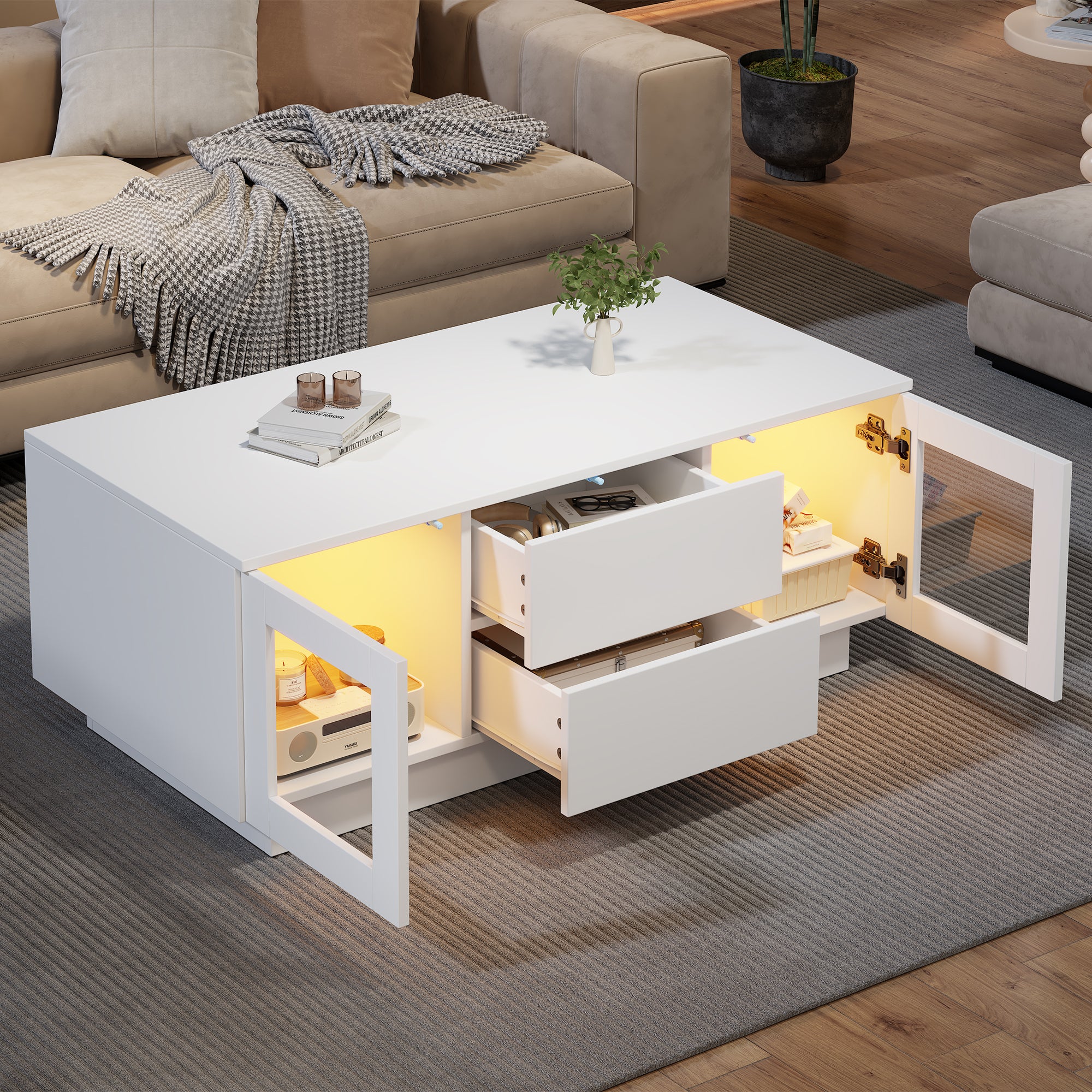 Stolik kawowy z 2 drzwiczkami typu „push-to-open”, 2 szufladami i oświetleniem LED – MDF – 100 x 50 x 40 cm – biały połysk