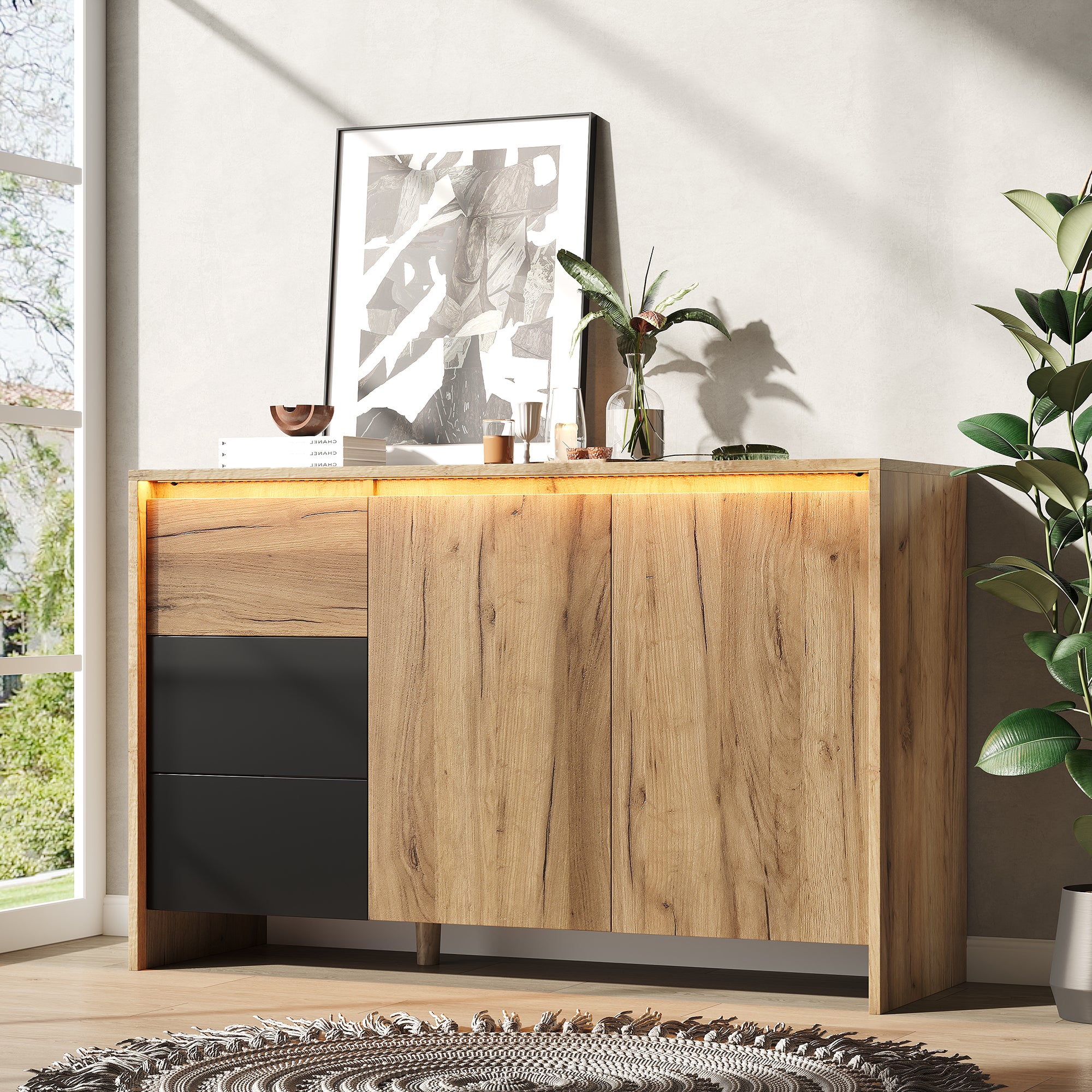 Nowoczesna komoda 120x76x40cm - z 2 drzwiami i 3 szufladami - z oświetleniem LED - płyta wiórowa - Naturalna