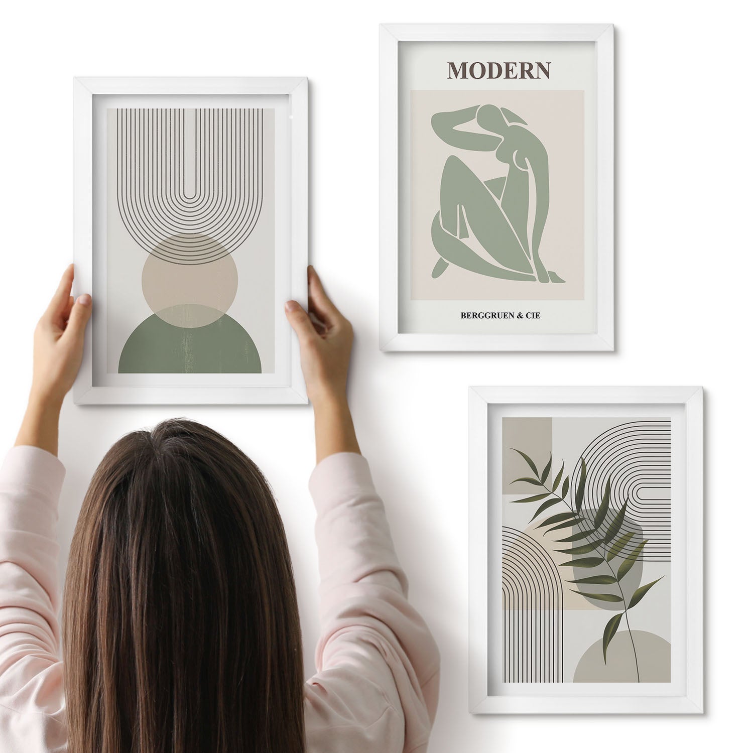 Galeria ścienna 3-częściowy komplet obrazów w białych ramach - Stylowe grafiki z abstrakcyjnymi kształtami i roślinami - ArtPrintCave