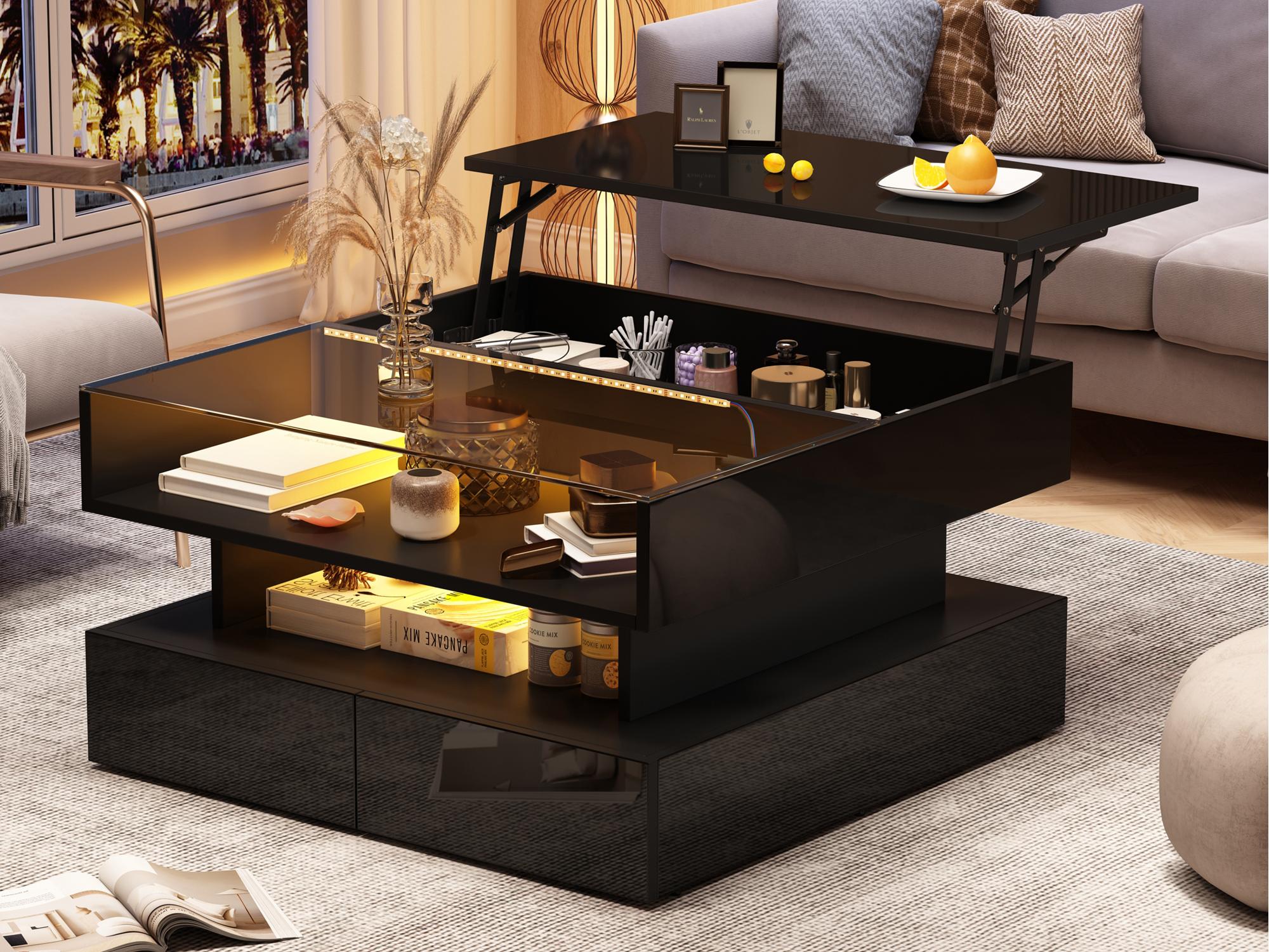 Podnoszony stolik kawowy 80 x 80 x 45 cm – 2 szuflady – z oświetleniem LED – połysk – szkło hartowane – kolor czarny