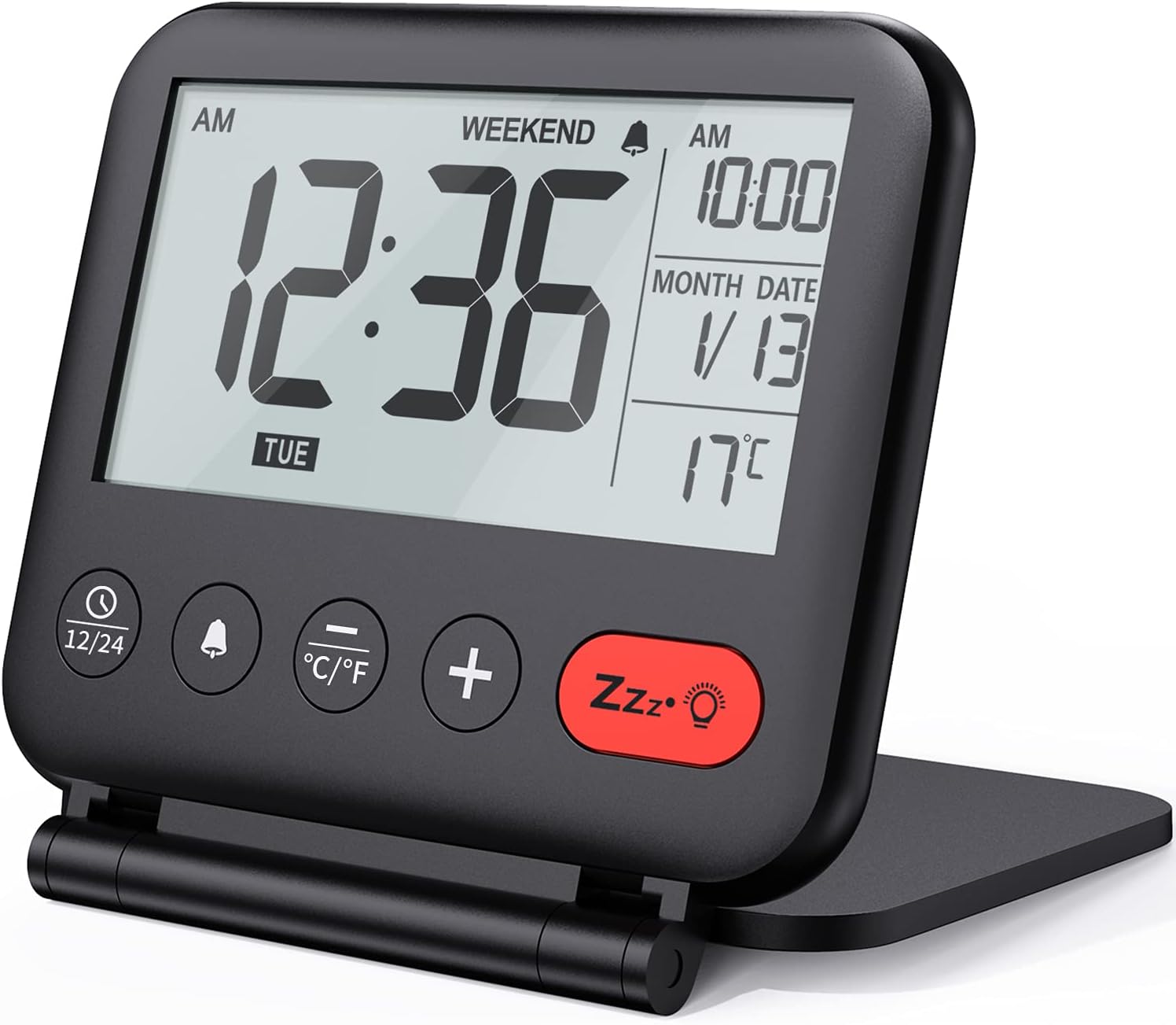 Miniaturowy, przenośny cyfrowy budzik podróżny LCD z podświetlanym kalendarzem, wyświetlaczem temperatury 12/24h, lusterkiem do makijażu, małym budzi