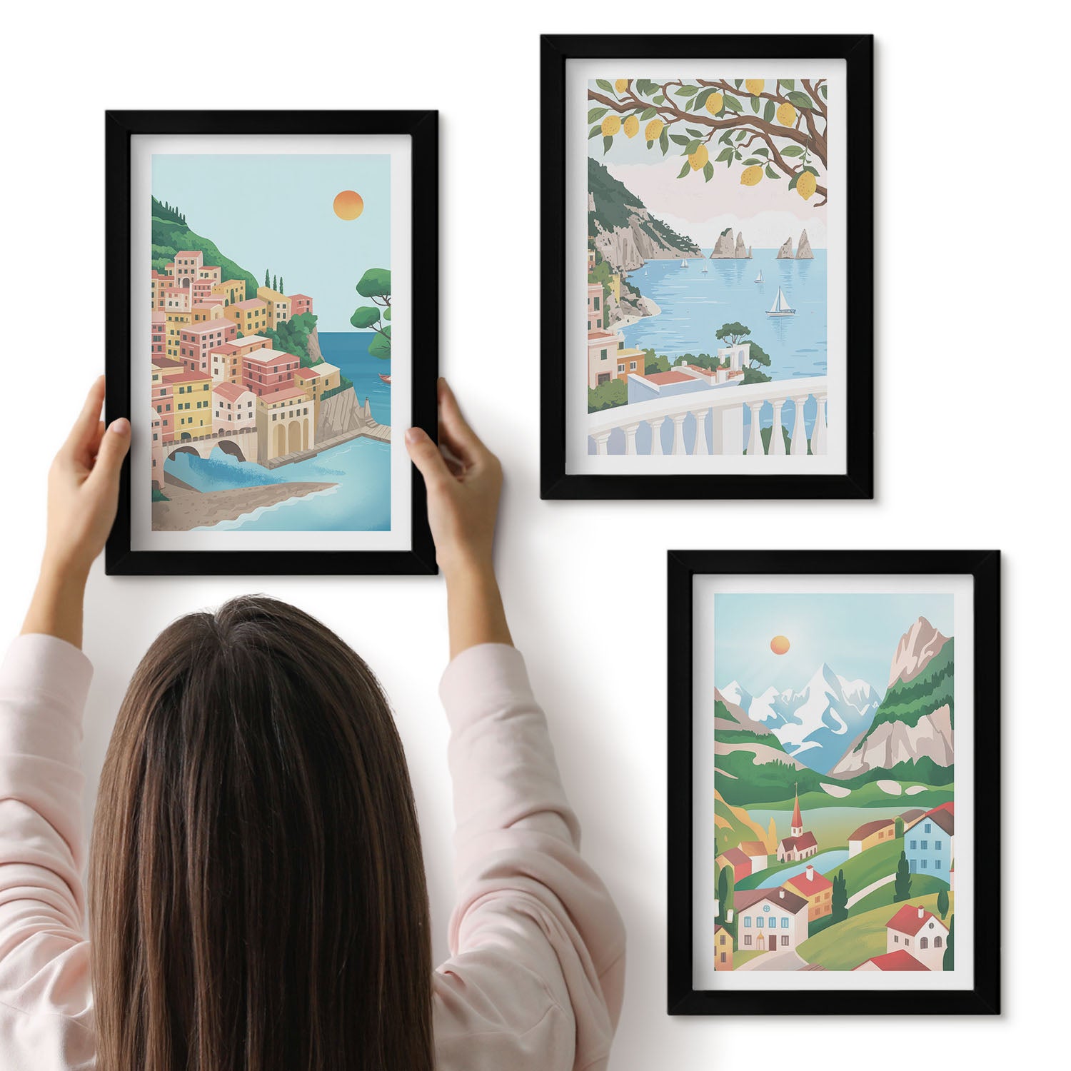 Galeria ścienna 3-częściowy komplet obrazów w czarnych ramach - Widoki nadmorskie z domami w kolorach pastelowych - ArtPrintCave