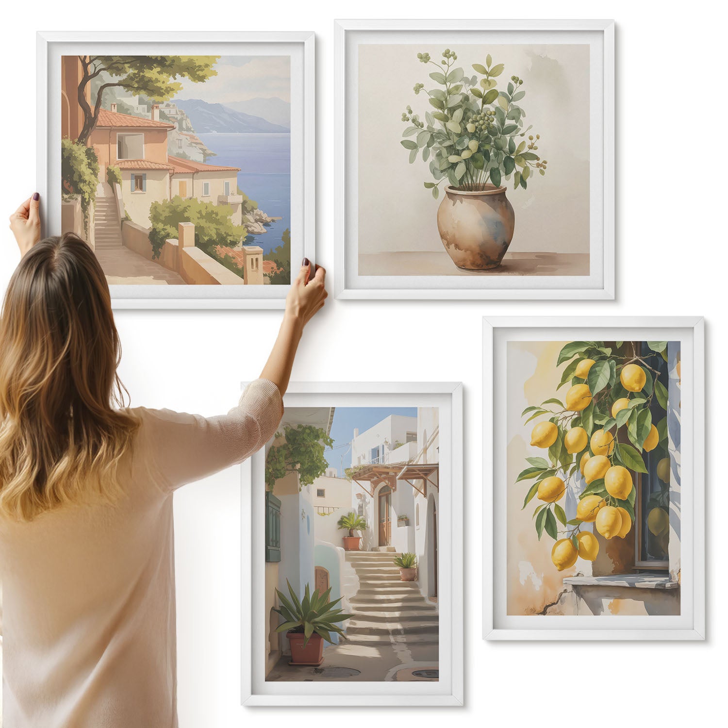 Galeria ścienna 4-częściowy komplet obrazów w białych ramach - Rośliny w donicach i cytryny na tle uliczki - ArtPrintCave