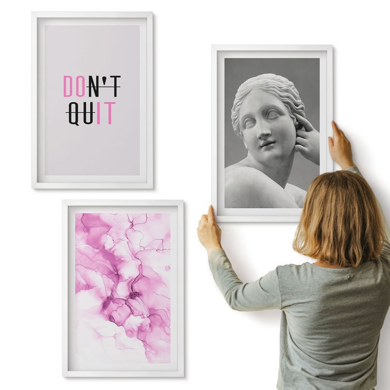 Galeria ścienna 3-częściowy komplet obrazów w białych ramach - Abstrakcja akwareli inspirujące hasło antyczna rzeźba - ArtPrintCave