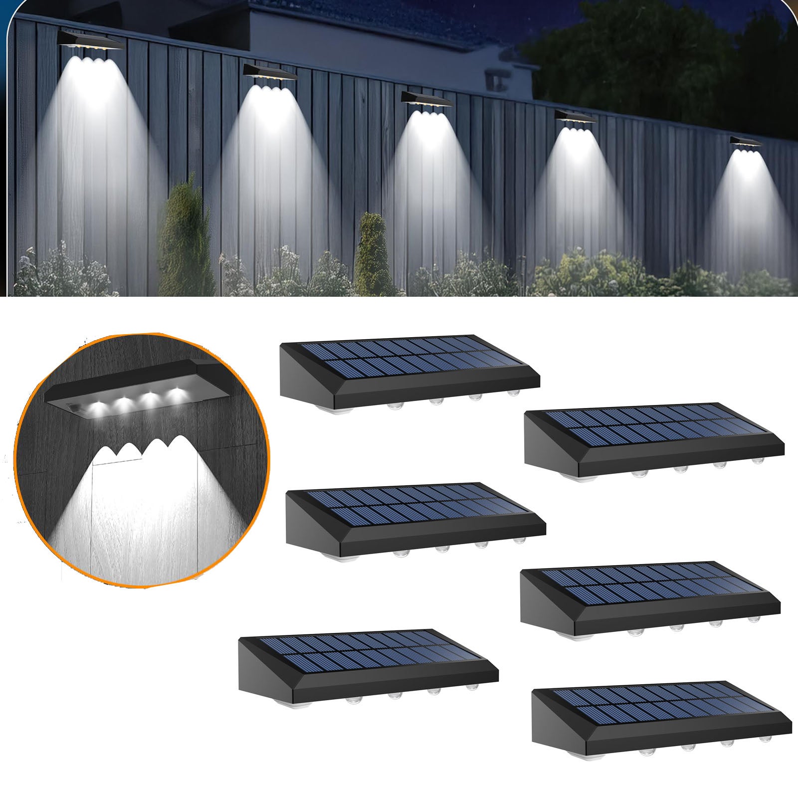 Zestaw 6 lamp solarnych na ogrodzenie, światło białe 6 000 K, szerszy zakres 60 lumenów, wodoodporność IP65, automatyczne włączanie/wyłączanie