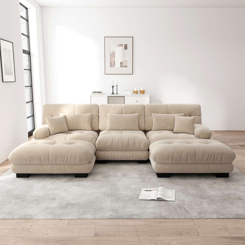 Modułowa sofa XXL w kształcie litery U z głębokim siedziskiem, rozkładana sofa narożna z mobilnym pufem w tkaninie szenilowej Cloud Comfort do salonu