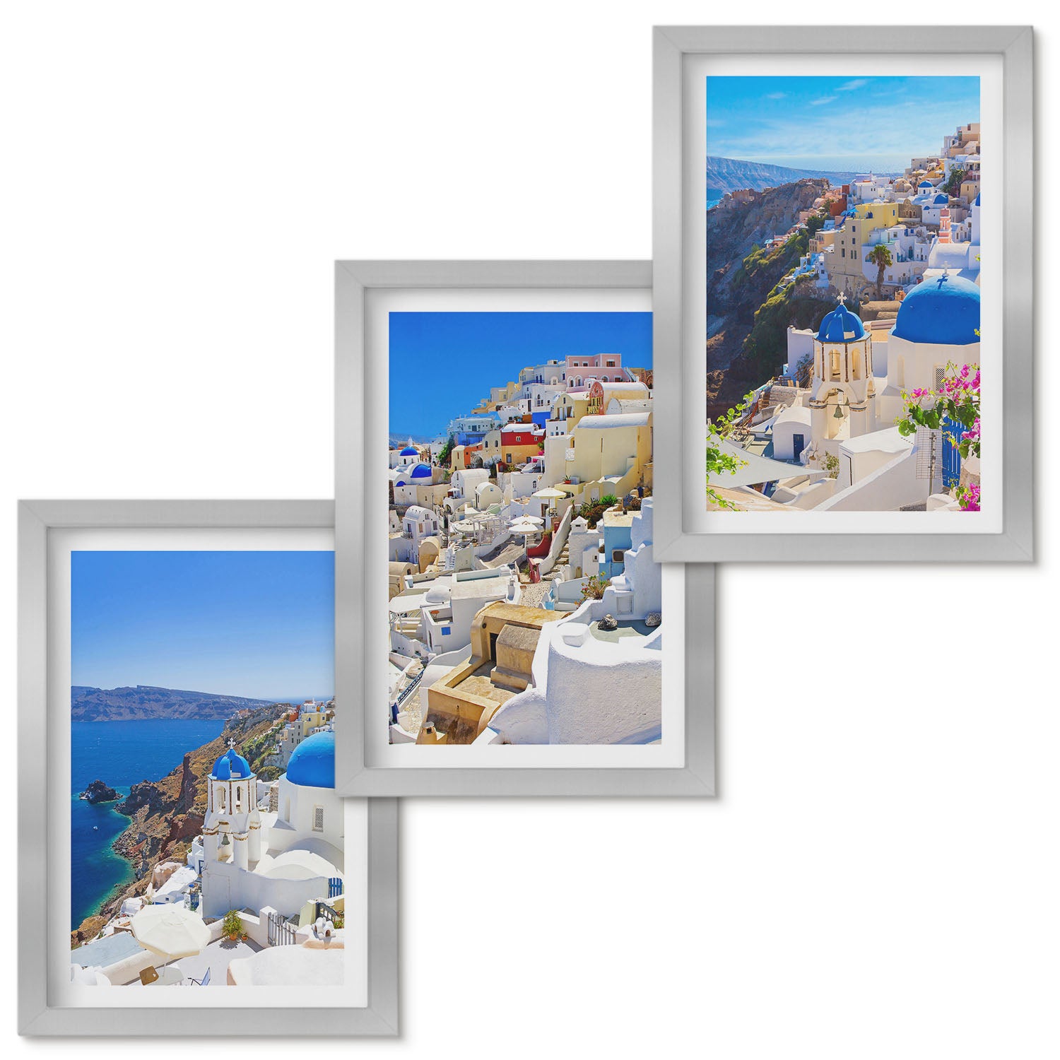 Zestaw obrazów w ramie - 3 części | Krajobraz architektury widoki miasta Oia Santorini Grecja | Srebrna ramka