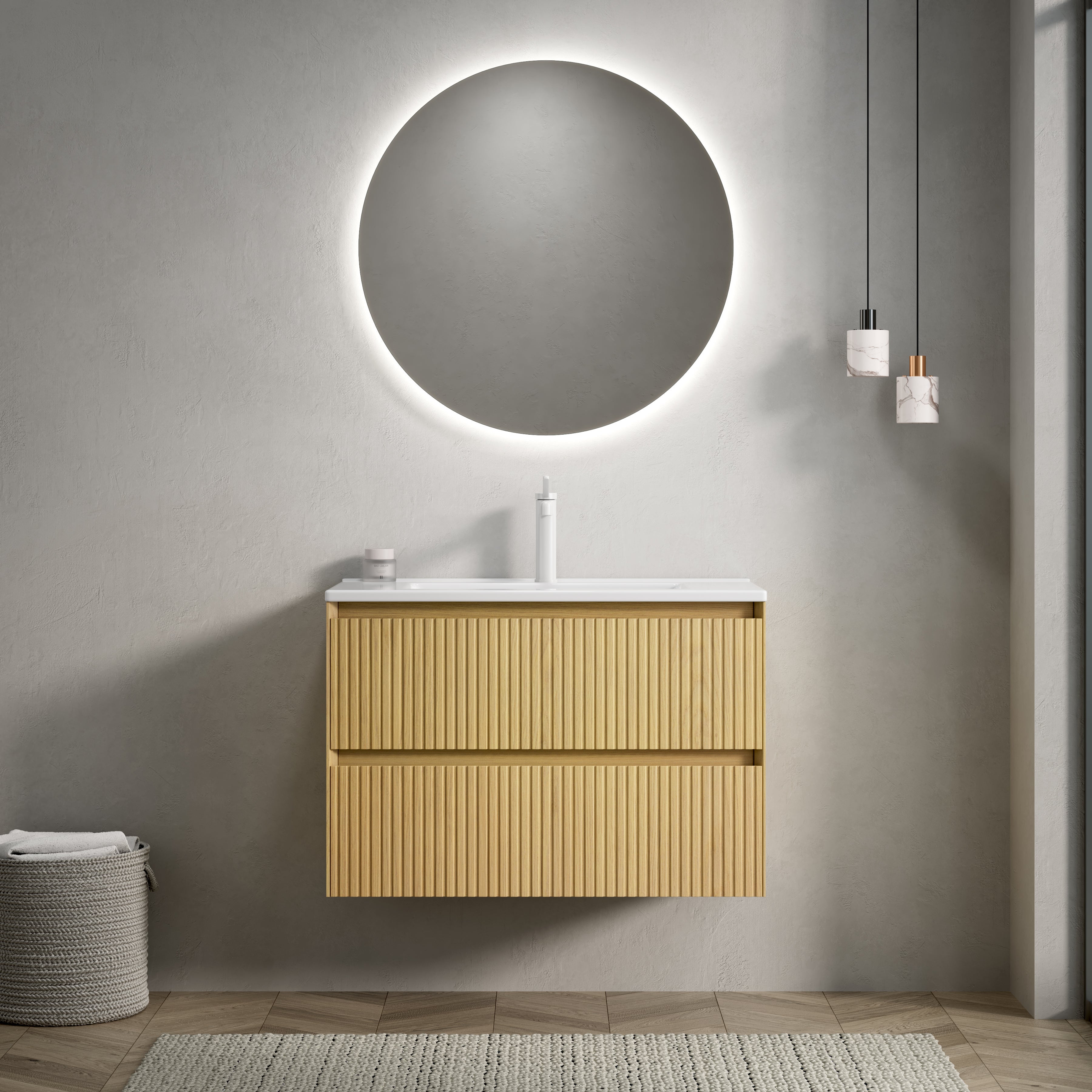 Szafka łazienkowa wisząca 75 cm, wykończenie dąb z umywalką ceramiczną, 2 pojemne szuflady z cichym domykiem do nowoczesnej łazienki