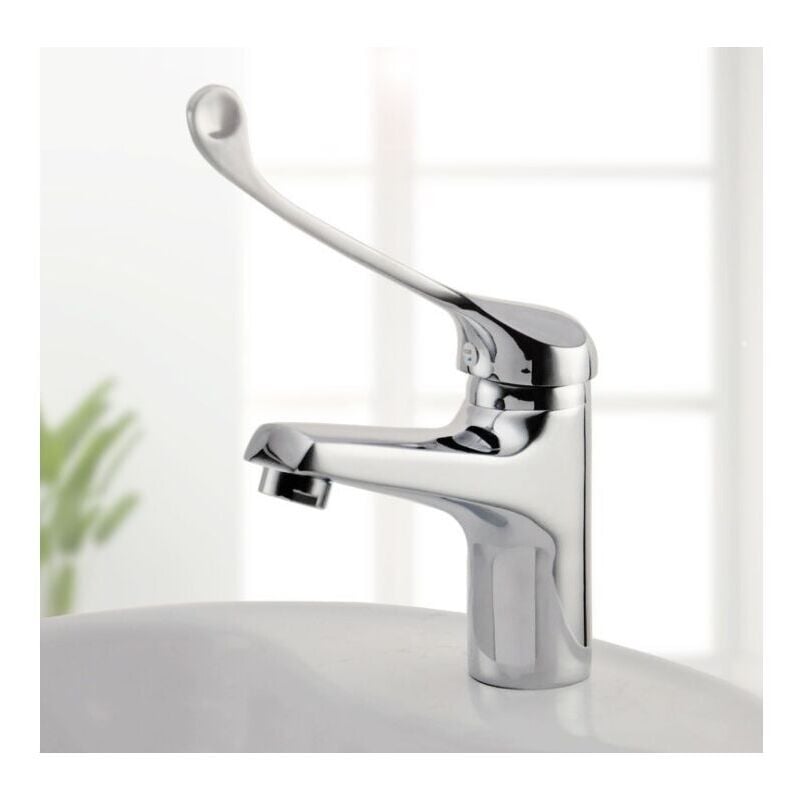 Bateria umywalkowa z uchwytem medycznym PMR, kran w łazience dostępny, ergonomiczny design, wykończenie w chromie dla bezpieczeństwa i komfortu