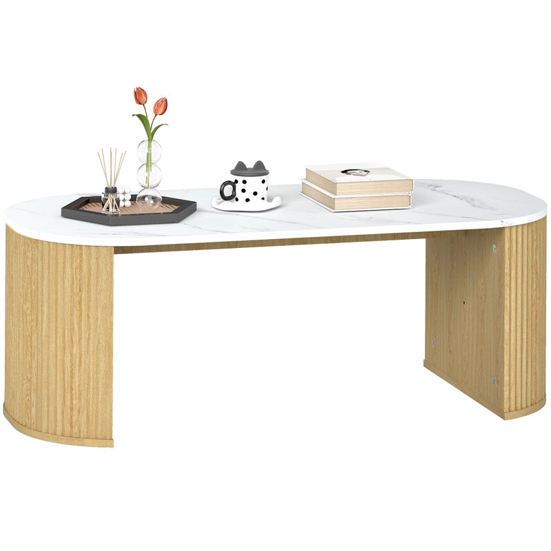 Owalny stolik kawowy, stolik boczny z marble-like appearance, rounded corners, thick legs, 110 x 50 x 40 cm, biały
