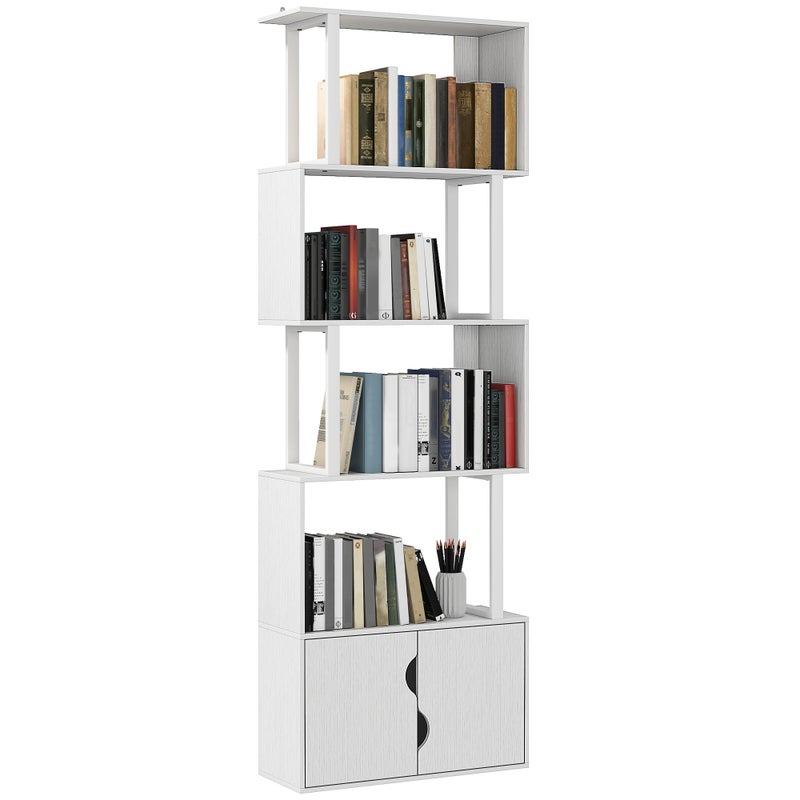 Regał na książki w kształcie litery S, 5-poziomowy, 5 półek i 2 drzwi, do salonu lub biura, 60 x 23,8 x 179,2 cm, biały