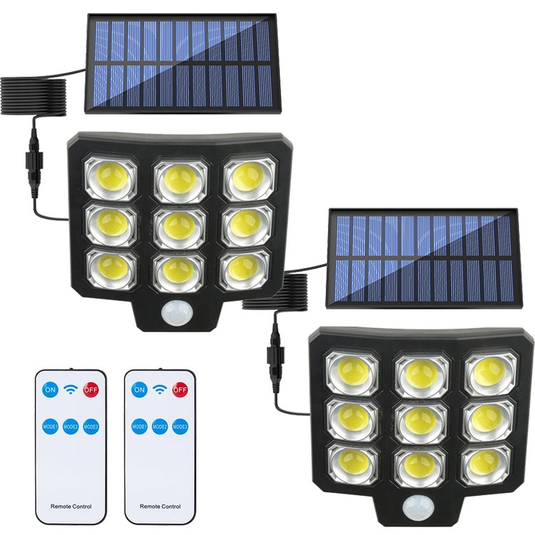 2 reflektory solarne 3 tryby z czujnikiem ruchu, kinkiet 63 COB do ogrodu, na taras, do garażu