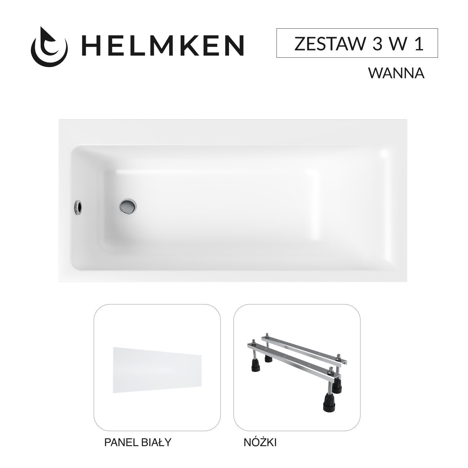 Wanna akrylowa Helmken Seraphina 170x80 LEWA z akrylu lanego, ze wzmocnionym korpusem + Panel biały + Nóżki / 3512170L