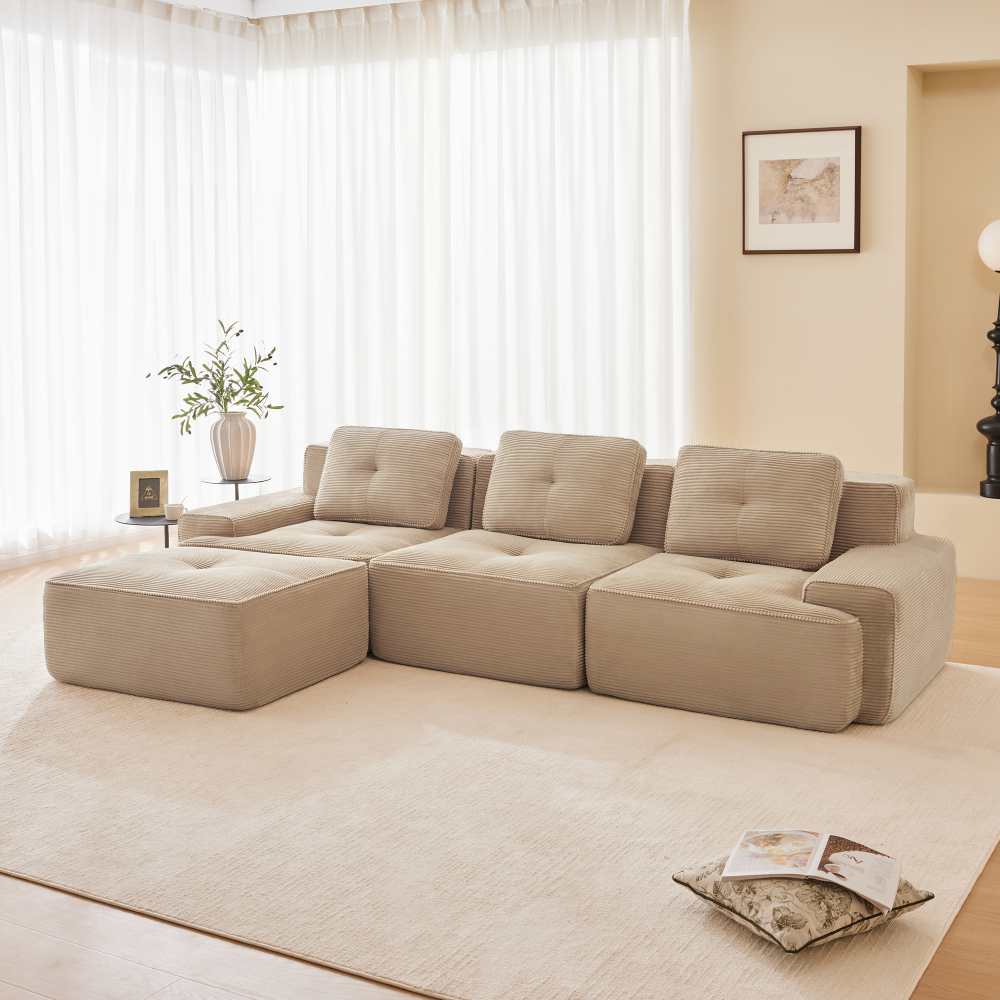 Sofa Cloud Modulsofa w kształcie litery L bez oparcia i pufy – 3-osobowa sofa z kordu, przyjazna dla zwierząt, nie wymaga montażu