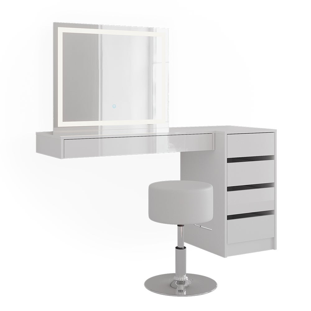 Vicco Stół do toalety Sherry, Biały, 140.2 cm z lustrem LED, taboretem i szafką z szufladami