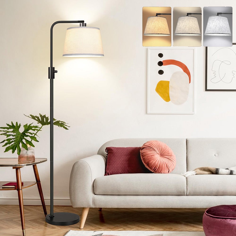Lampa podłogowa LED łukowa 173 cm, abażur lniany, 3 barwy światła, z żarówką E27 LED 12W 800lm, czarna lampa stojąca do salonu sypialni biura
