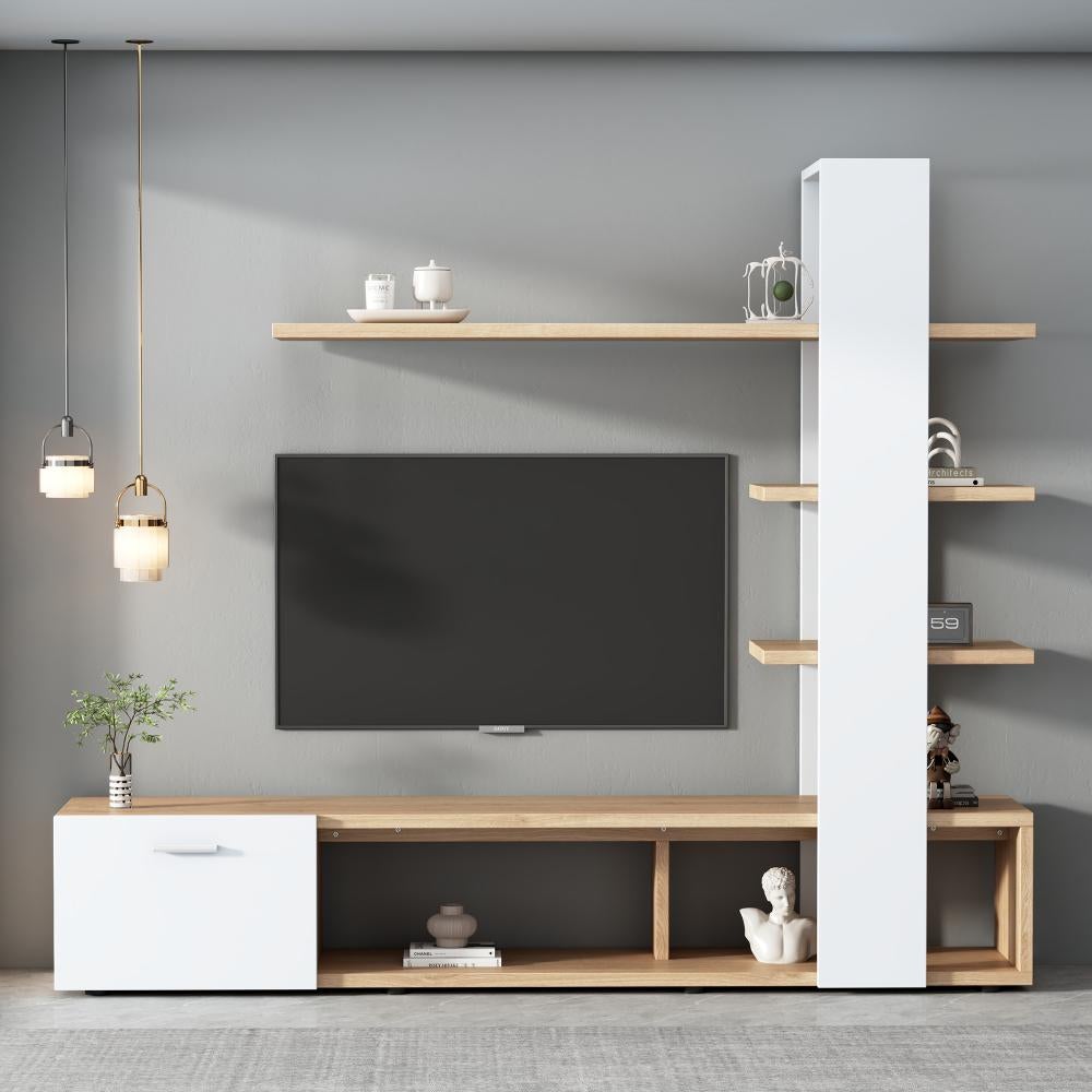 Nowoczesna szafka ścienna RTV z białego dębu, 180x33,5x151,5 cm, na telewizor 60-calowy, z praktycznym miejscem do przechowywania.