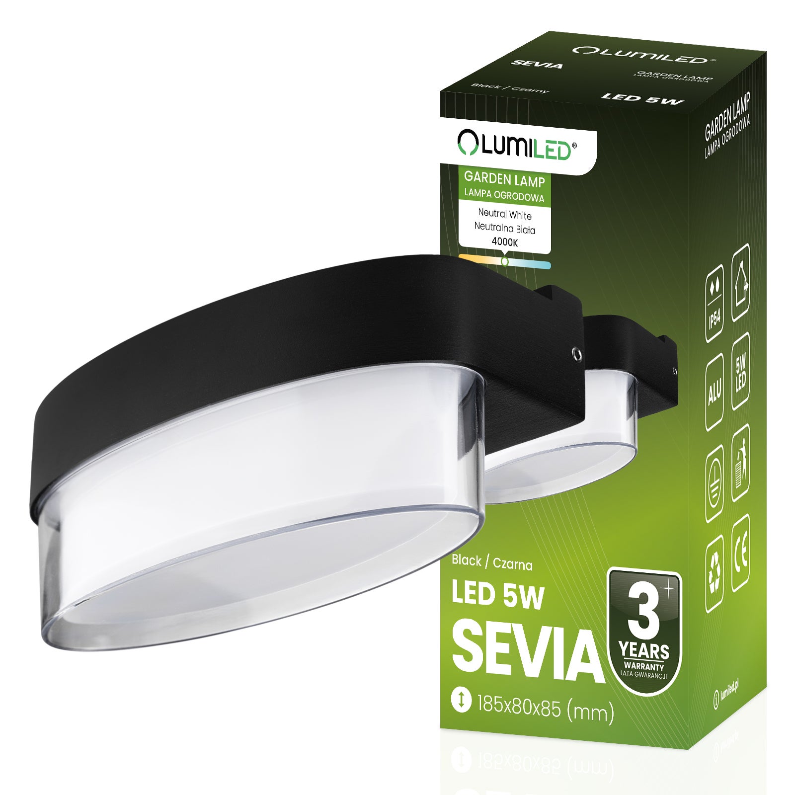 Lampa Elewacyjna Lumiled LED Zewnętrzna Ścienna Kinkiet Ogrodowy Lumiled Ciepła 4000K Neutralna biel 5W IP54 Czarna 1 szt.