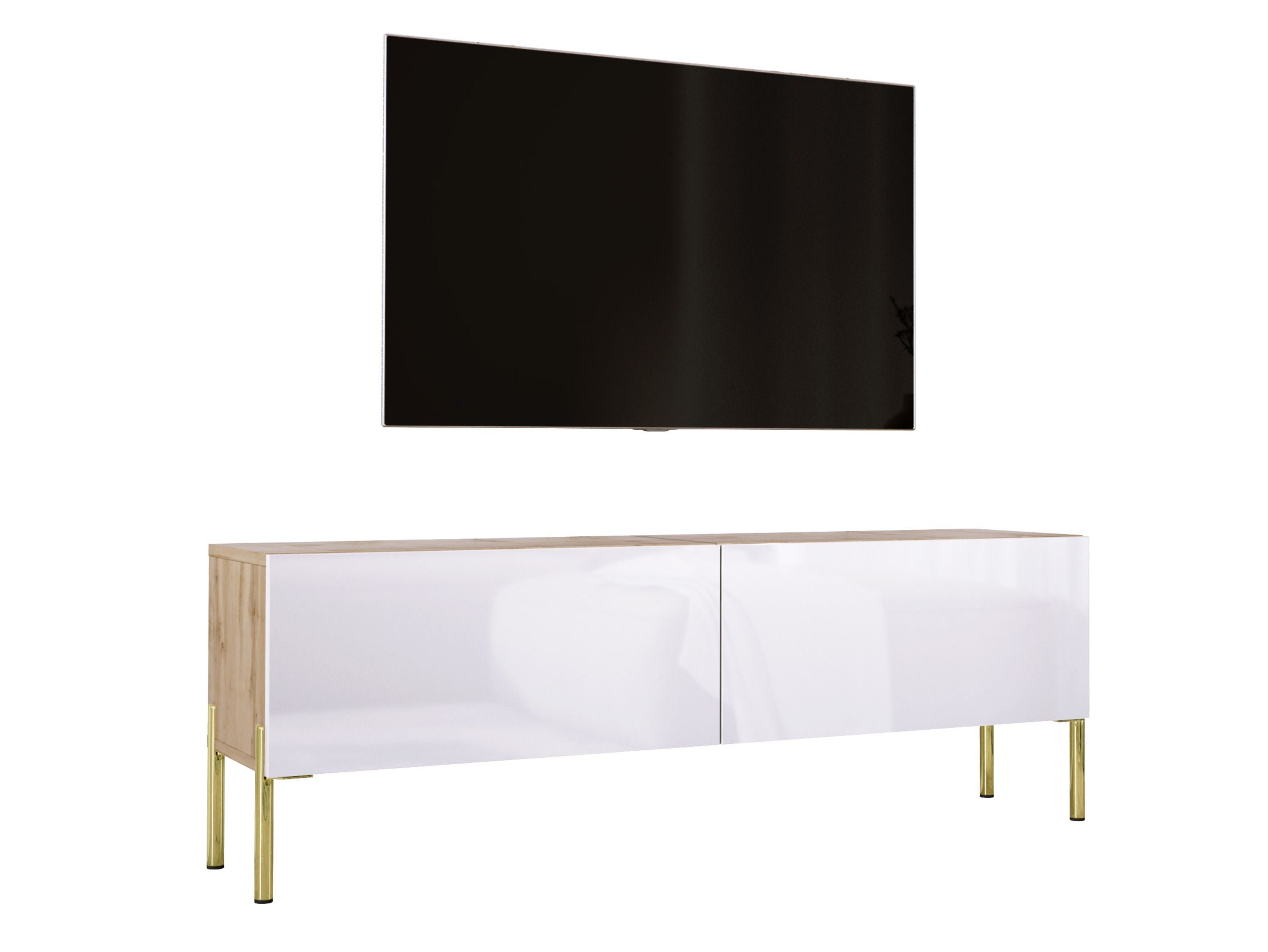 Szafka RTV: Dąb Wotan / Biały Połysk, nogi złote, 140 x 52 x 32 cm