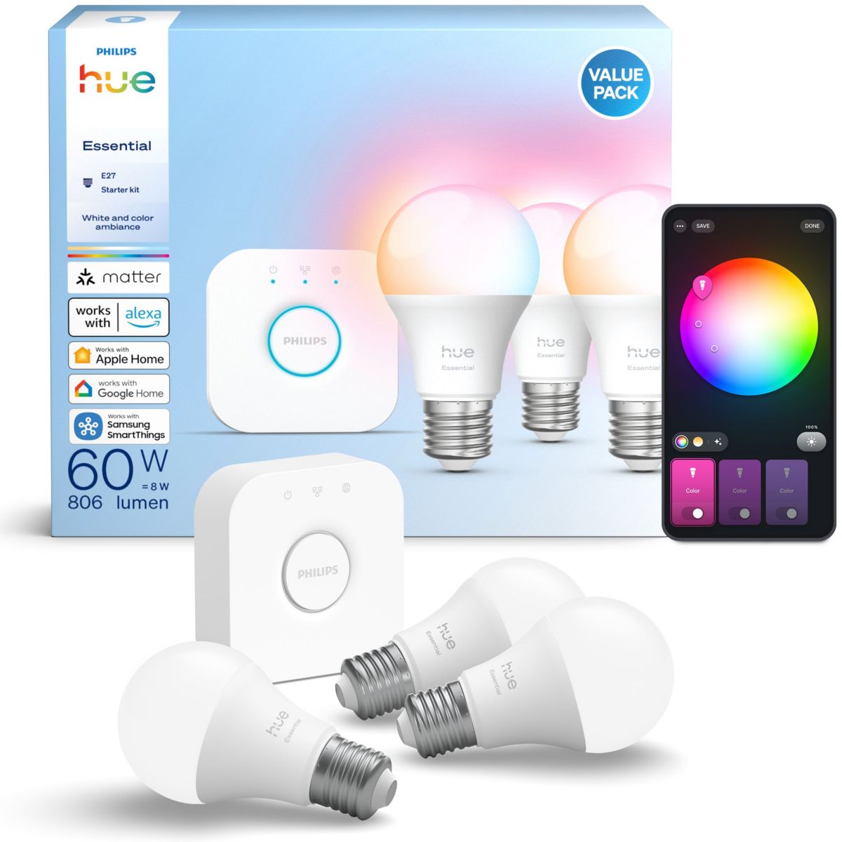 3x Żarówka LED E27 A60 8 W = 60 W 806 lm 2200-6500K CCT + RGB SMART Bluetooth ZigBee White + Bridge Zestaw Startowy Philips HUE Essential
