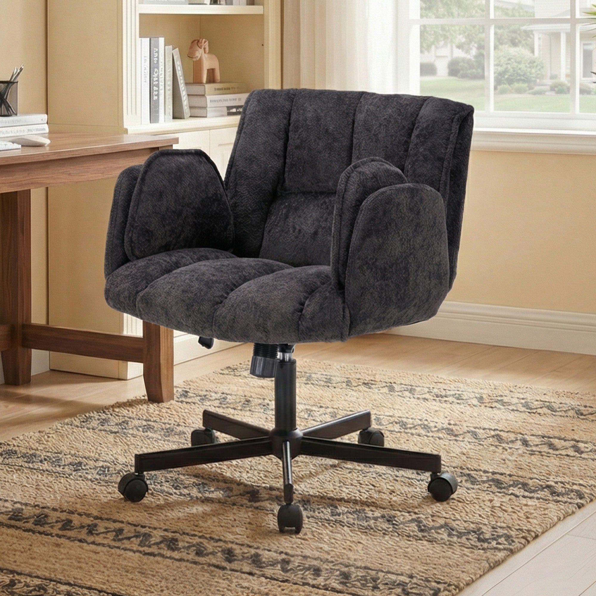 Ergonomiczne krzesło biurowe obrotowe 60 x 68 x 86 cm, z obrotem 360°, czarny, drewno, stal oraz tkanina