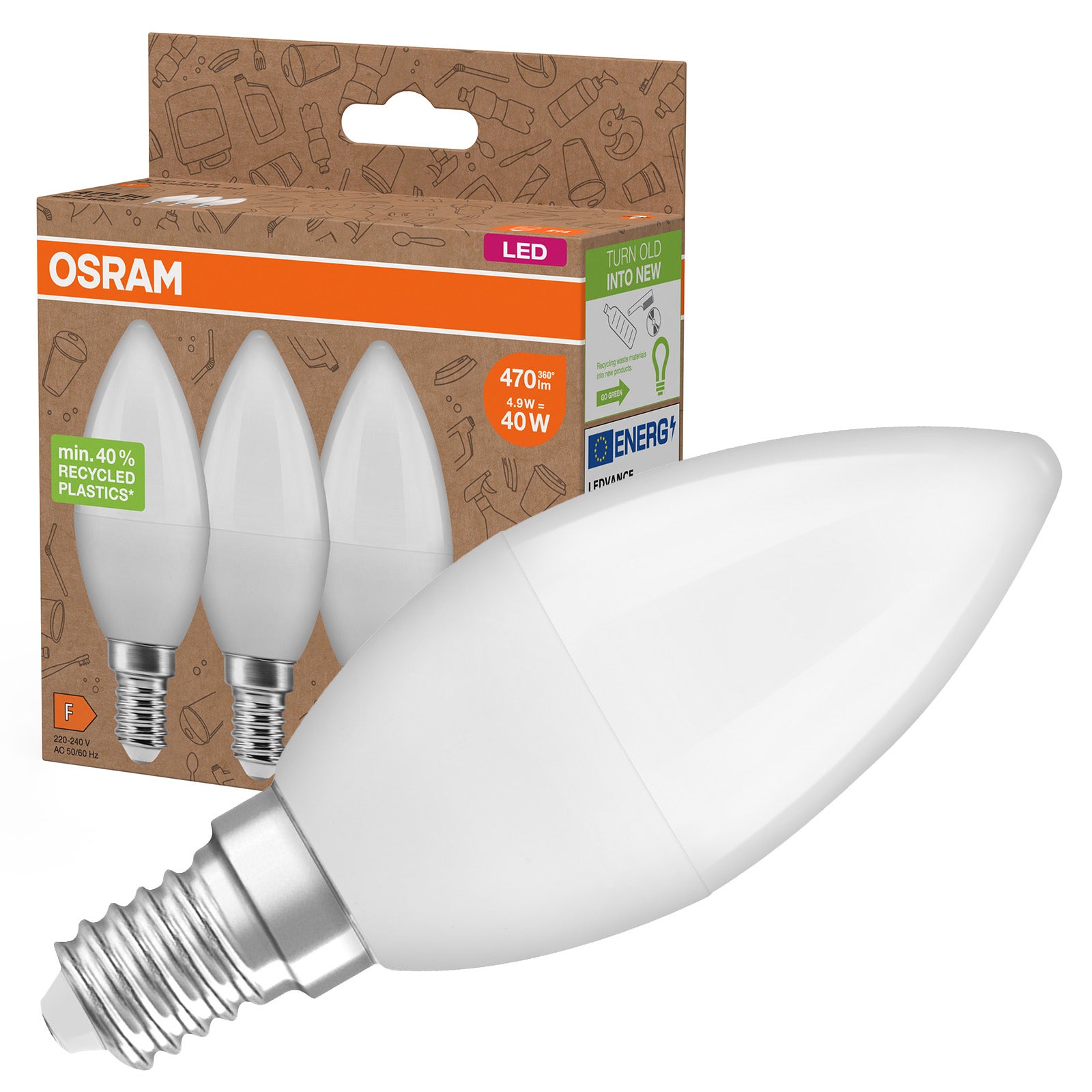 3x Żarówka LED B37 Świeczka E14 4.9 W = 40 W 470lm 2700K Ciepła biel 220st. PCR LAMPS Osram
