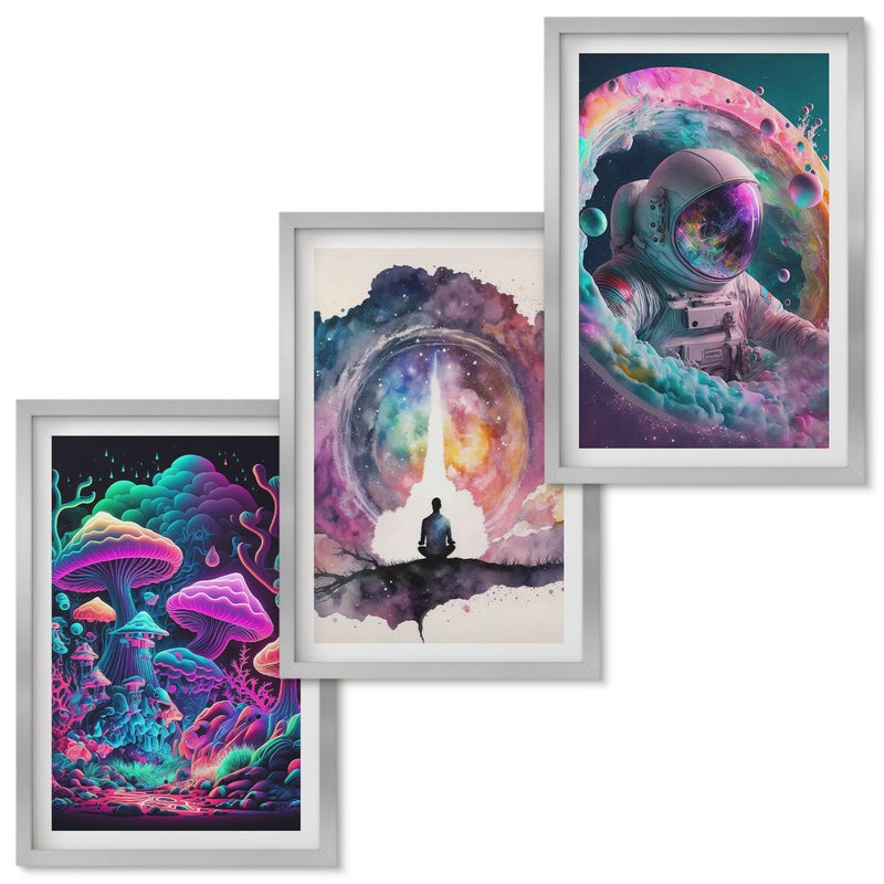 Zestaw obrazów w ramie - 3 części | Kolorowe ilustracje w stylu fantasy sztuka | Srebrna ramka