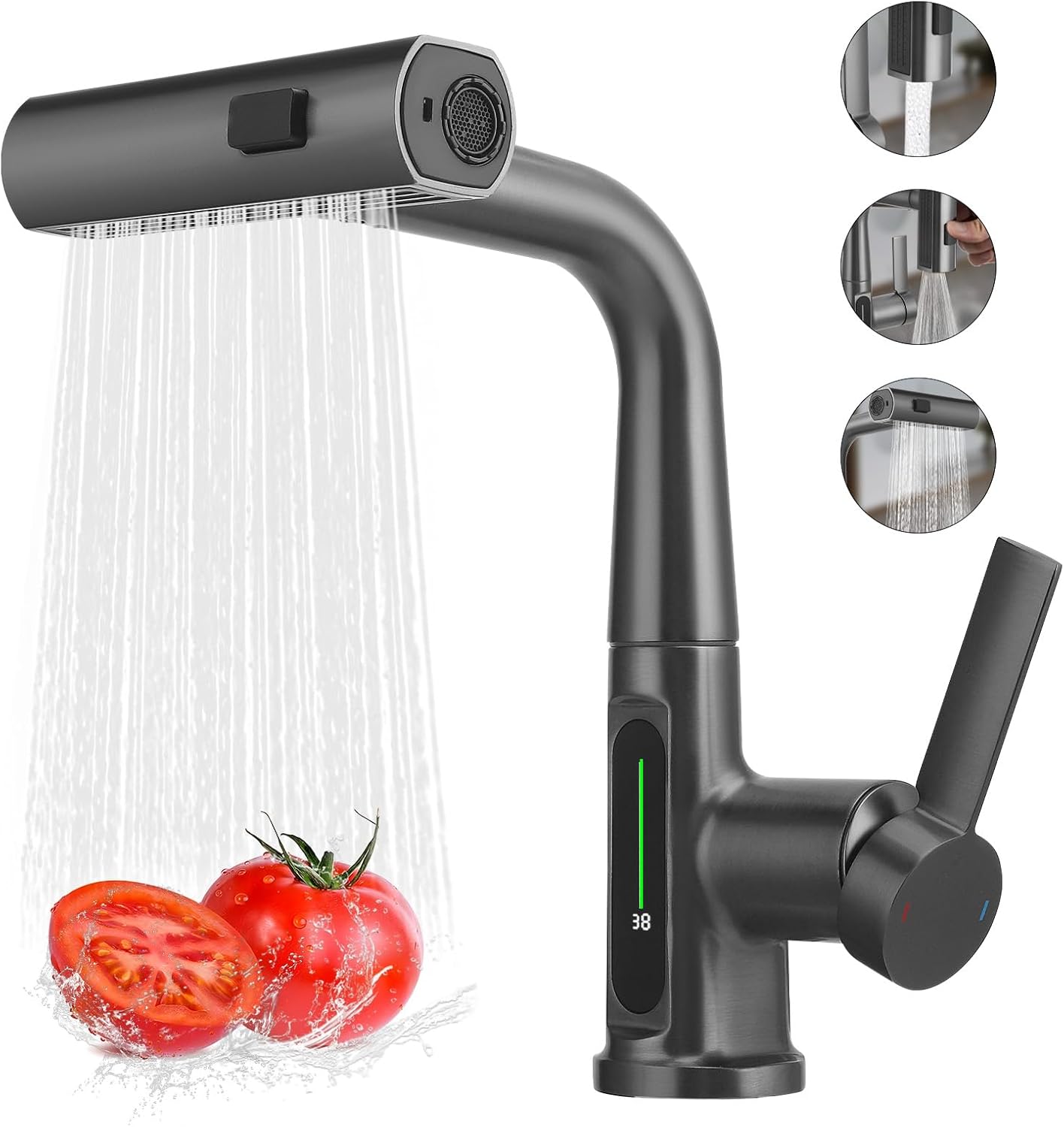 Wysuwana bateria kuchenna z wyświetlaczem temperatury LED, wyciągana wylewka z 3 trybami, obrotowy zlew 360° – nowoczesny design