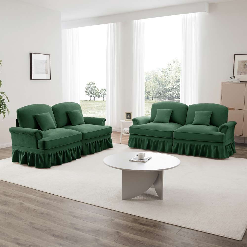 Sofa L 2-osobowa z tkaniny szenilowej, podłokietnikami na trójnogach, zdejmowanym obiciem i pufem