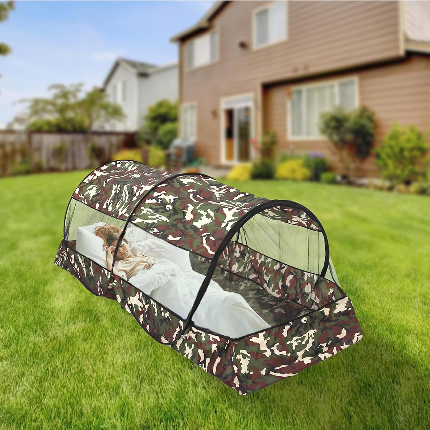 Kamuflażowa moskitiera 220x100x73cm - lekka i składana, idealna na camping/plażę - ultra-gęsta siatka na letnie podróże