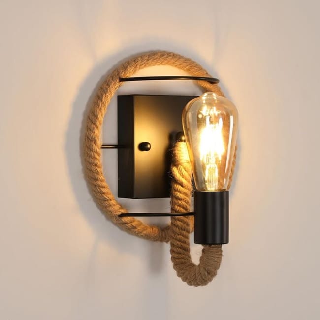 Kinkiet ze sznura, Rustykalny kinkiet w stylu retro industrialnym, Lampa ścienna vintage ze sznura konopnego do wnętrz (bez żarówek)