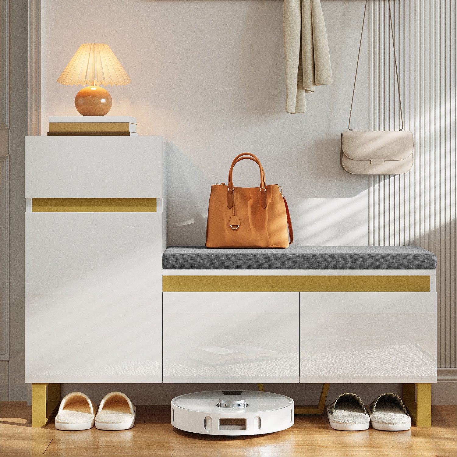 Szafka na buty z ławką, poduszką, 3 drzwiami i 1 szufladą - 120 x 35 x 85 cm - MDF - biała