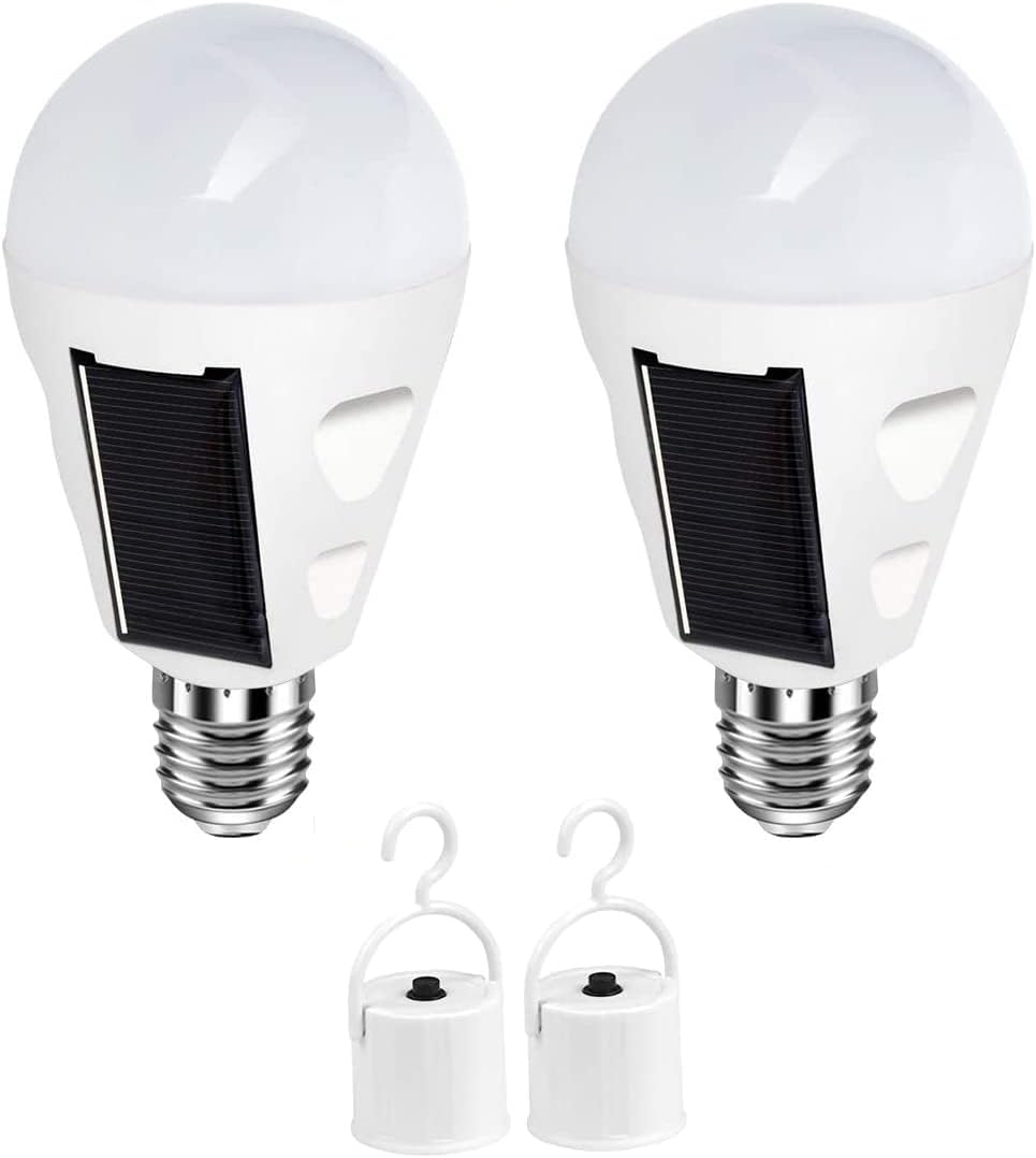 Awaryjna żarówka solarna LED, trzonek E27, z haczykiem i włącznikiem, zasilana baterią, idealna na wędrówki i kemping, zestaw 2 sztuk