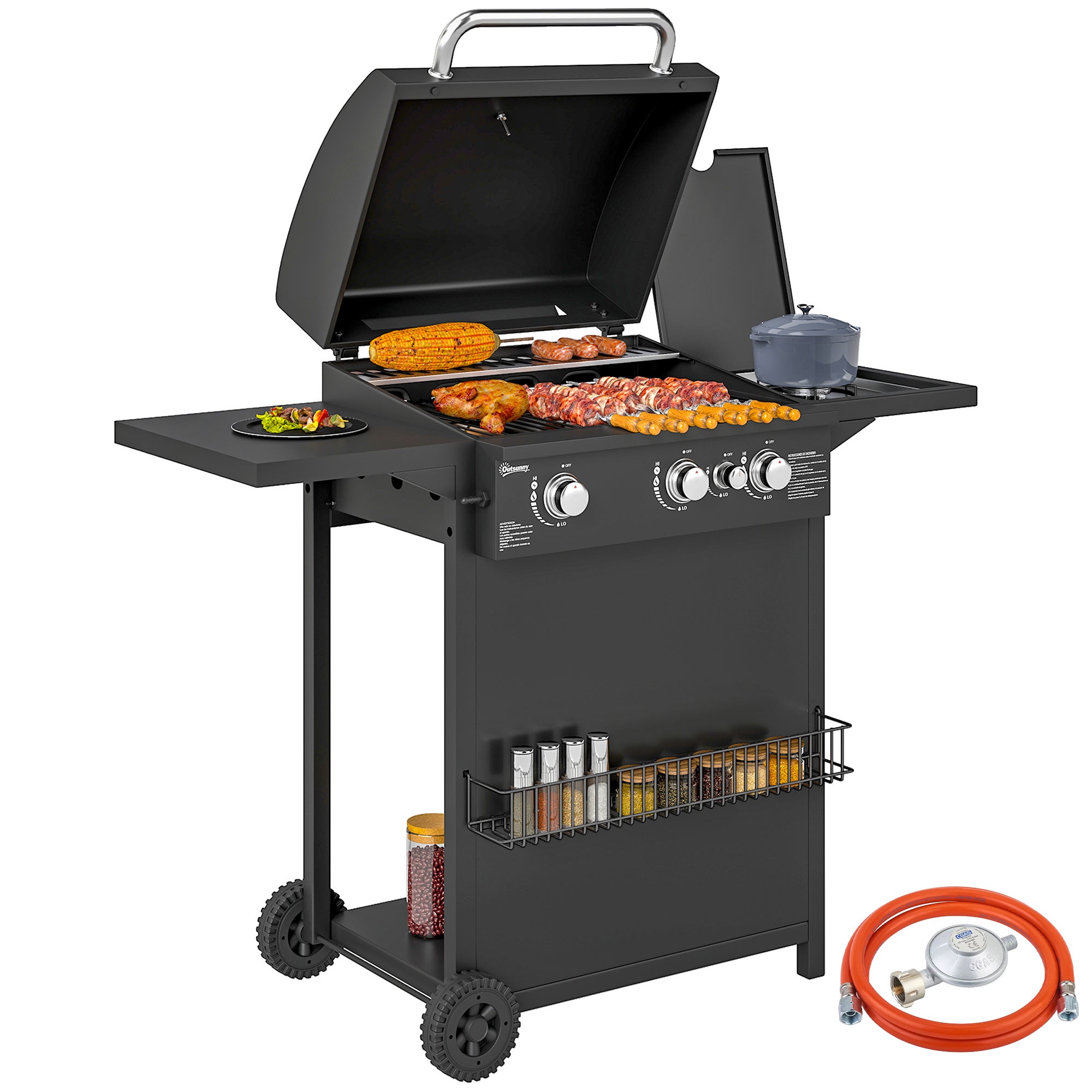 Grill gazowy z niezależnymi palnikami, pokrywą z termometrem i półką boczną, czarny