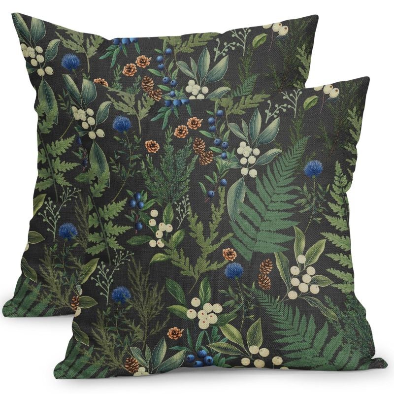 Poszewka 16x16", vintage, liście, zielono-czarna, do sofy/ogrodu.