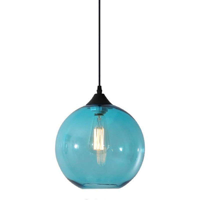 Minimalistyczny żyrandol w kształcie szklanej kuli, styl retro industrialny, E27, bar w stylu loft, 1 lampa, średnica 25 cm (niebieski), białe światło