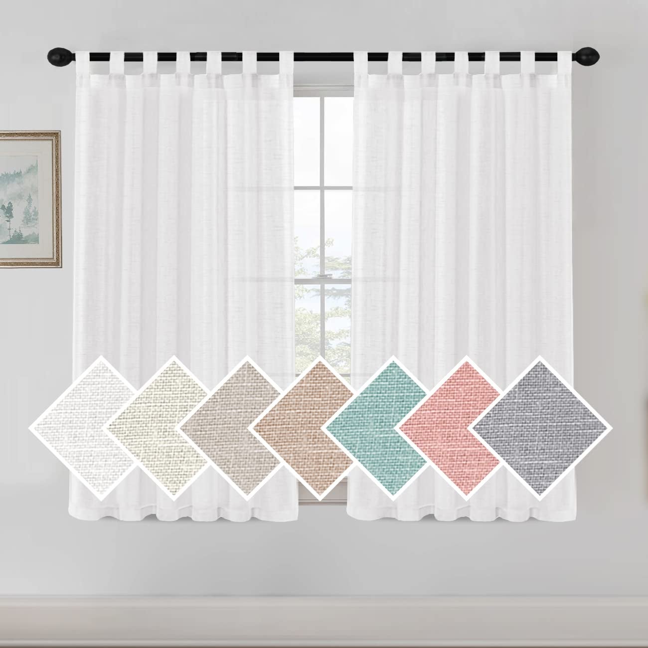 Eleganckie białe lniane zasłony 2 panele 132 x 274 cm, oddychające z 7 przelotkami do sypialni i salonu w stylu wiejskim