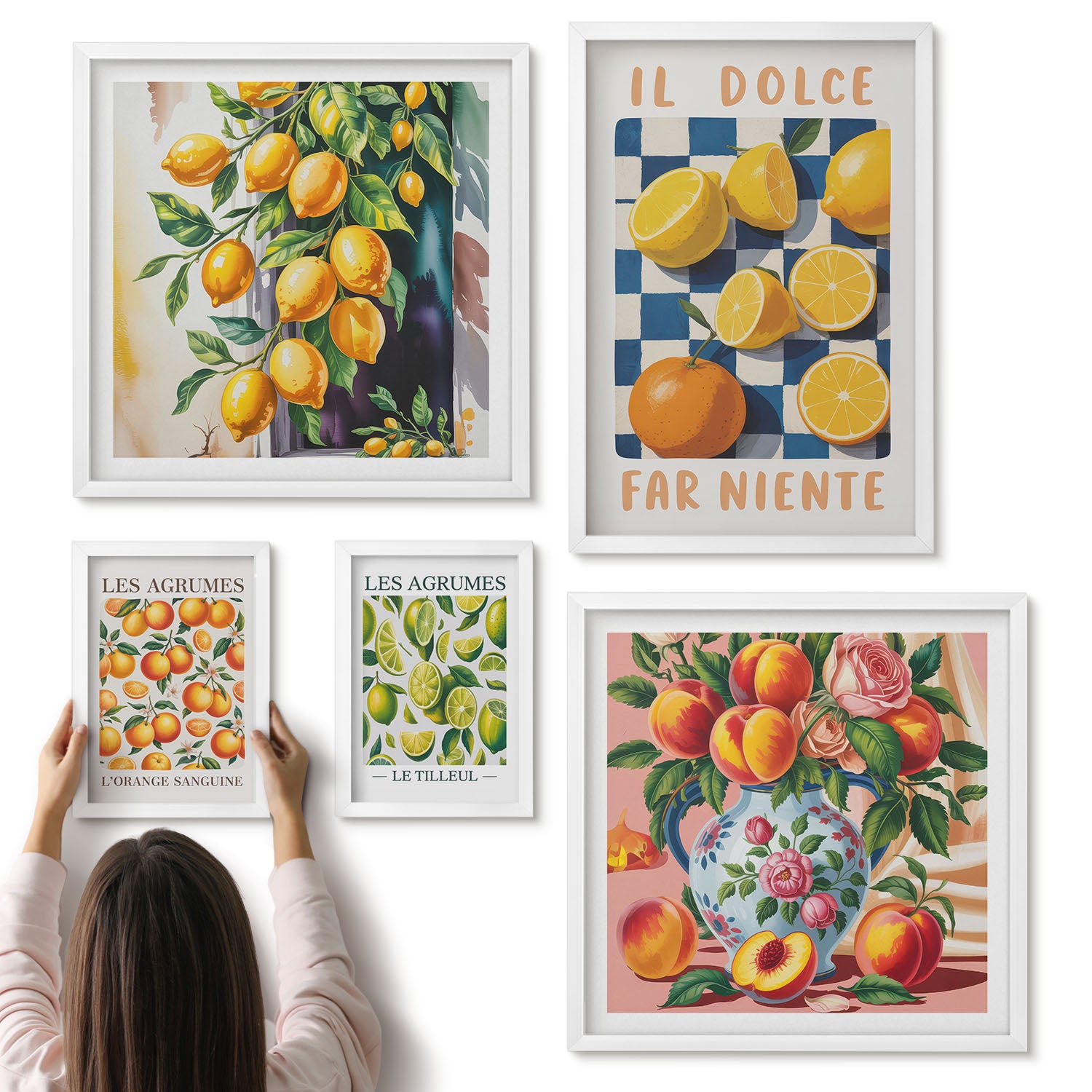 Galeria ścienna 5-częściowy komplet obrazów w białych ramach - Cytrusowe inspiracje w stylu retro do kuchni - ArtPrintCave