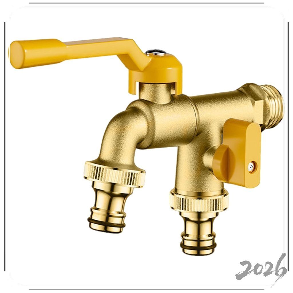 mosiądz kolor kran z żółty uchwyt, 1 Inlet 2 Outlets Lockable kran do węża, Double Outlet do ogrodu, podwórko, pralka, Exterior montowany na ścianie