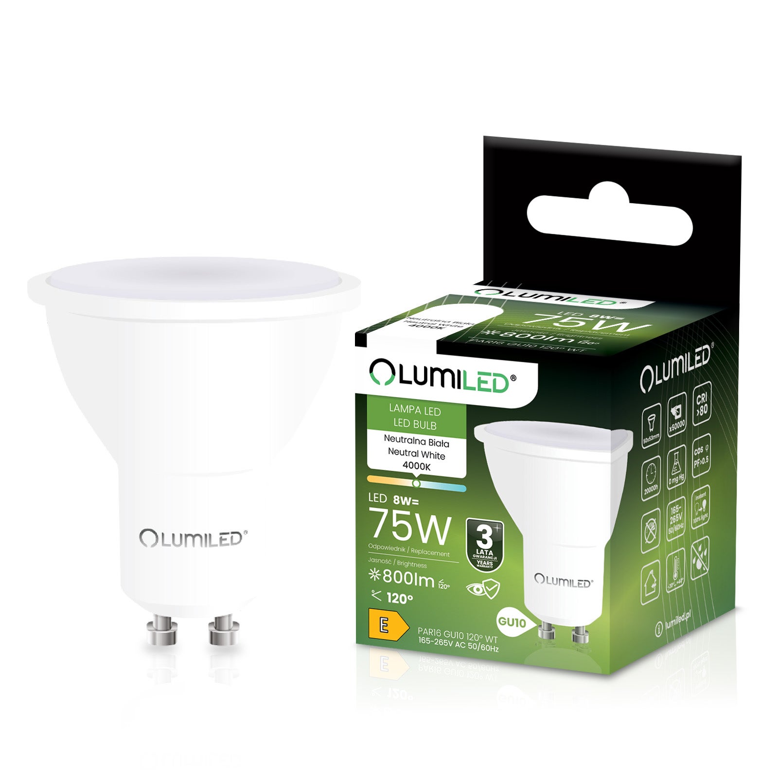 Żarówka LED GU10 Reflektor PAR16 8W 800lm 4000K Neutralna biel 120st LUMILED
